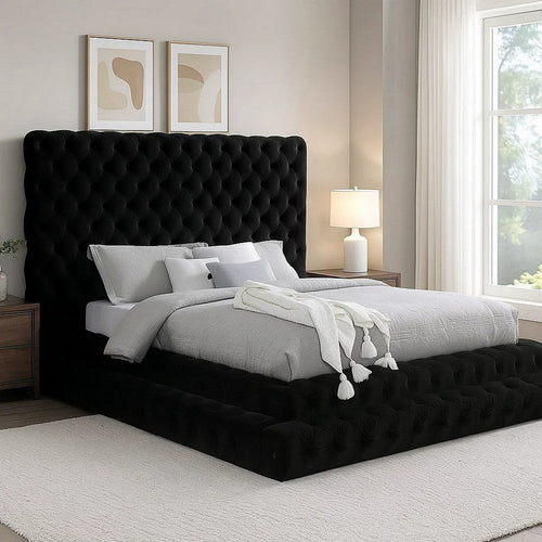 Steph Queen Bed | Black Button Tufted Flannelette Upholstery | XL Headboard