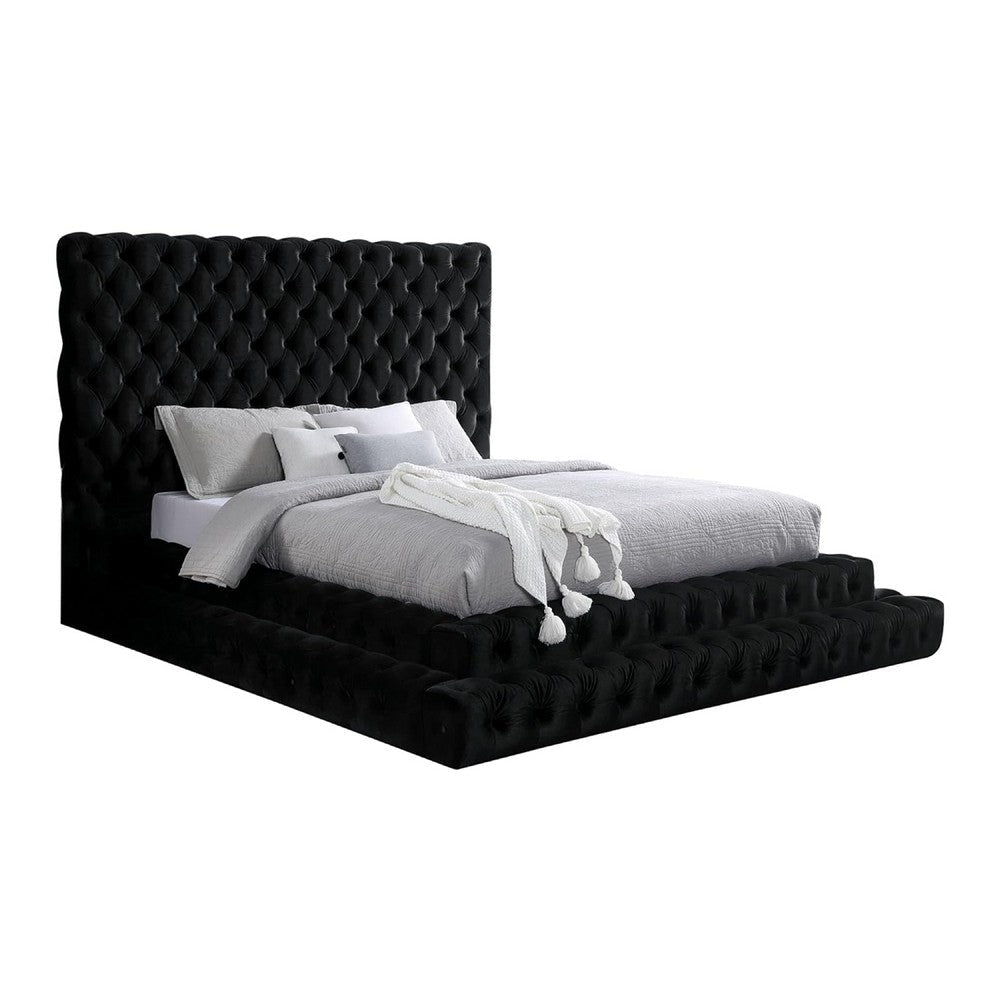Steph Queen Bed | Black Button Tufted Flannelette Upholstery | XL Headboard BM342590