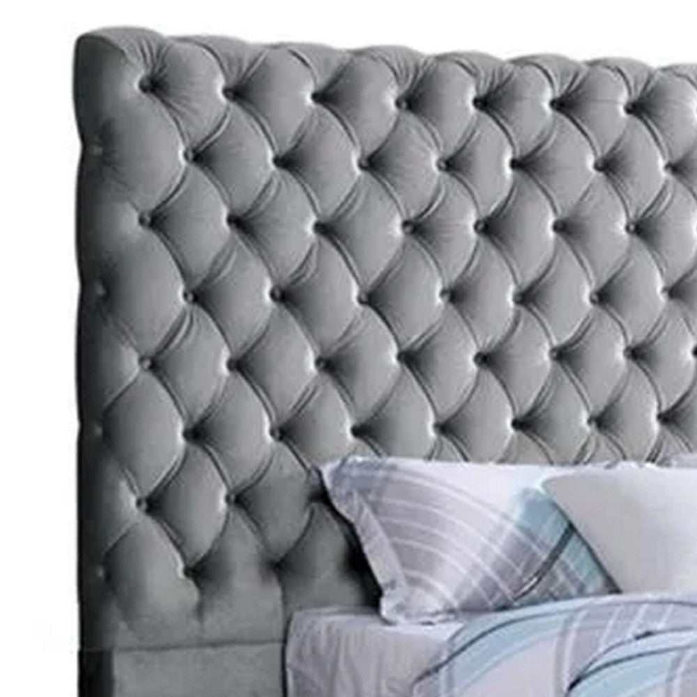 Steph Queen Bed | Gray Button Tufted Flannelette Upholstery | XL Headboard BM342591