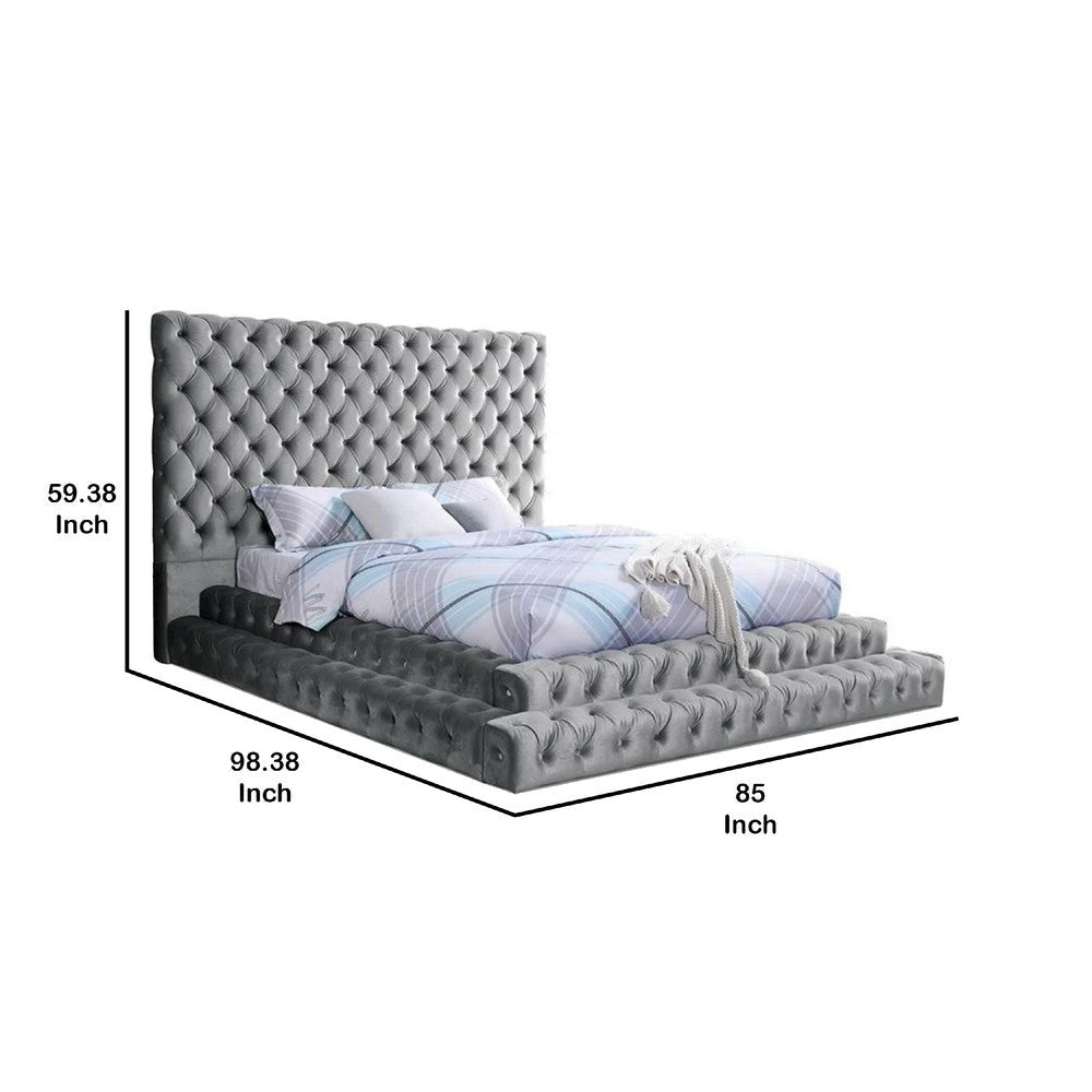 Steph Queen Bed | Gray Button Tufted Flannelette Upholstery | XL Headboard BM342591