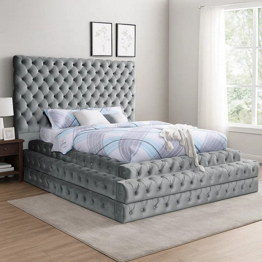 Steph Queen Bed | Gray Button Tufted Flannelette Upholstery | XL Headboard