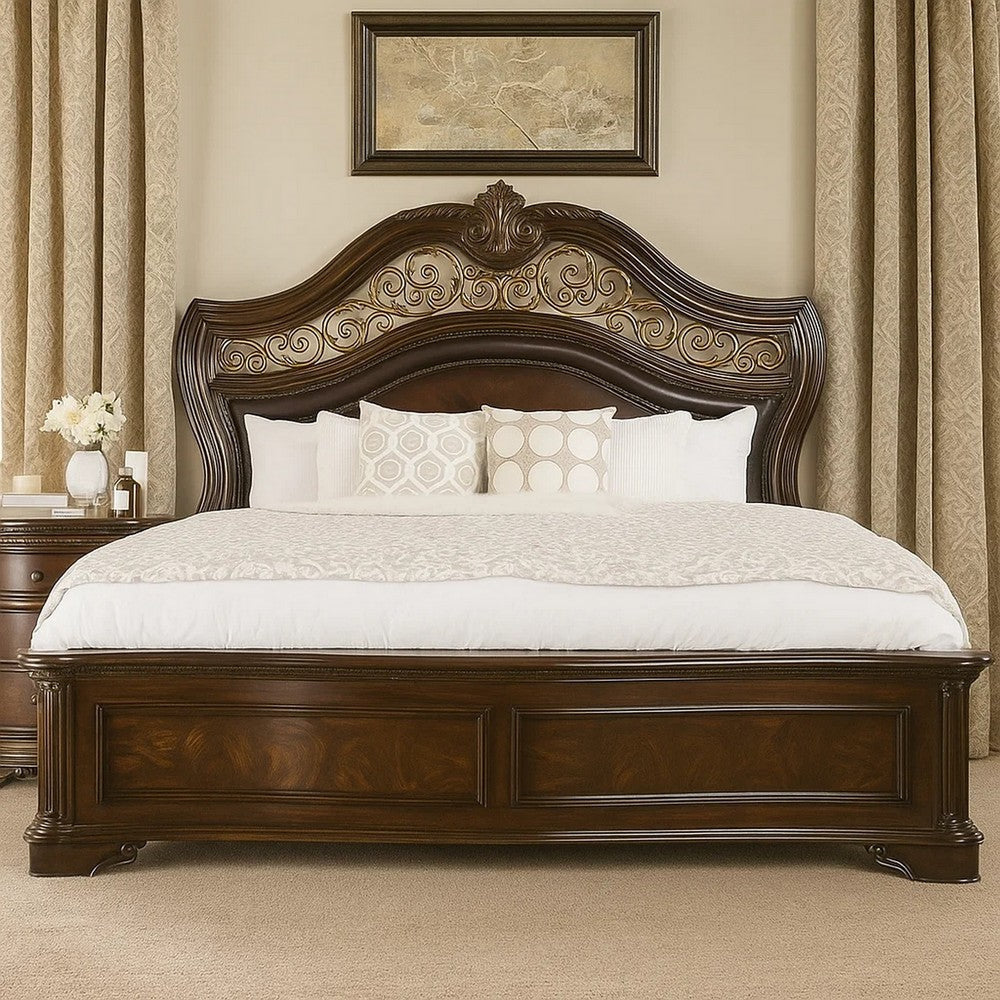 Odora Ornate Carved Queen Bed | Faux Leather Upholstery | Brown Gold BM342592