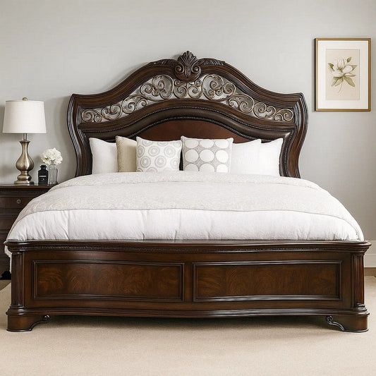 Odora Ornate Carved Queen Bed | Faux Leather Upholstery | Brown, Gold