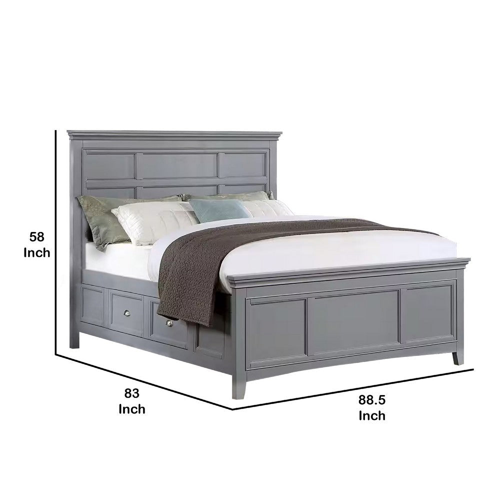 Lile King Bed w Crown Moulding | Storage Drawers | Gray Solid Wood BM342593