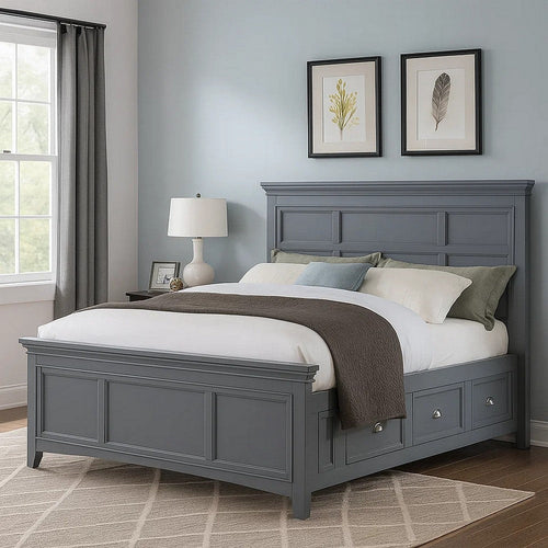 Lile King Bed w Crown Moulding | Storage Drawers | Gray Solid Wood