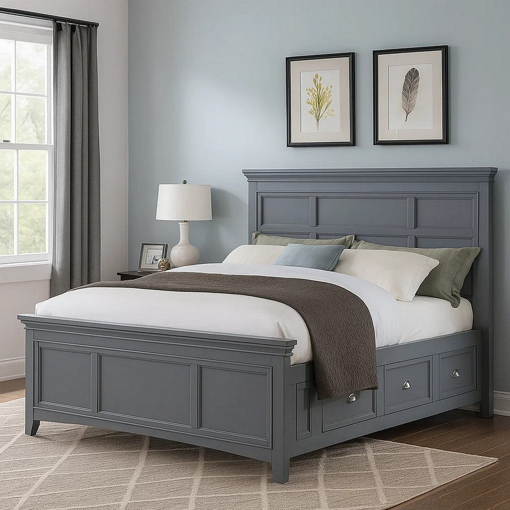 Lile King Bed w Crown Moulding | Storage Drawers | Gray Solid Wood
