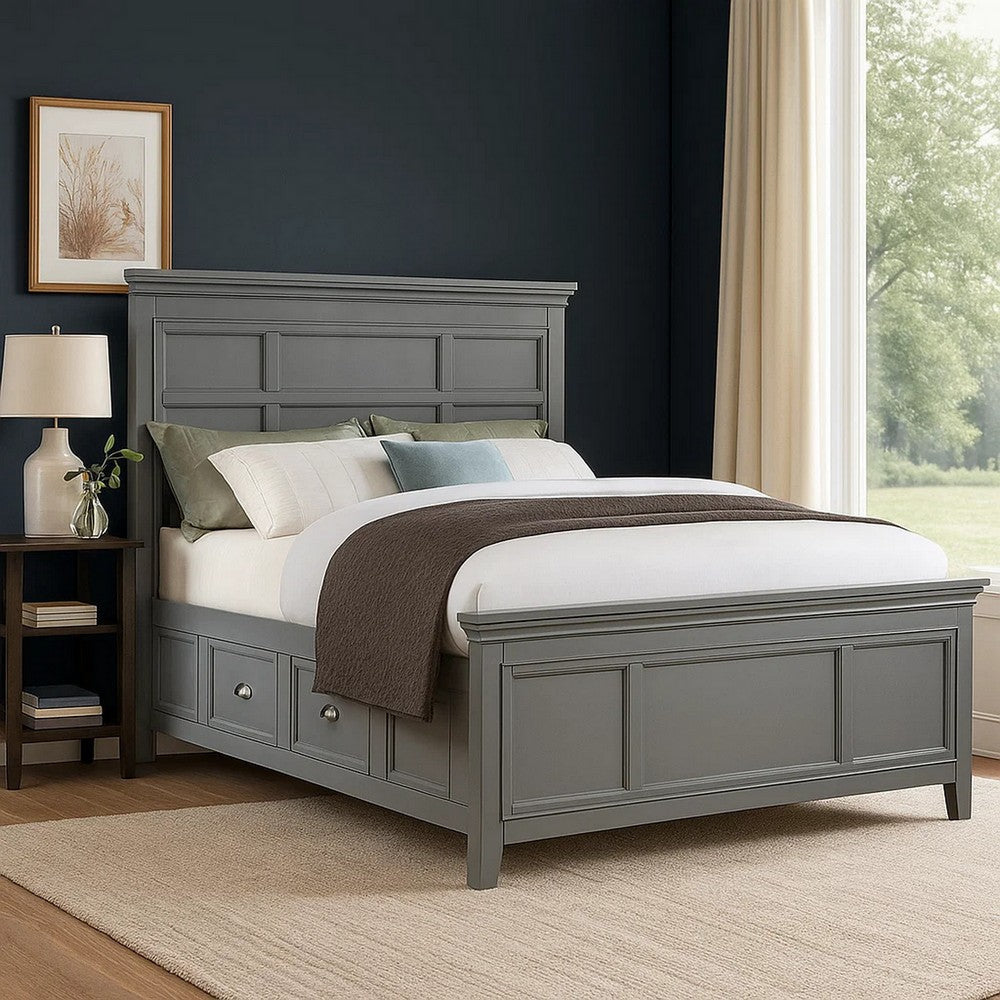 Lile Full Bed w Crown Moulding | Storage Drawers | Gray Solid Wood BM342594