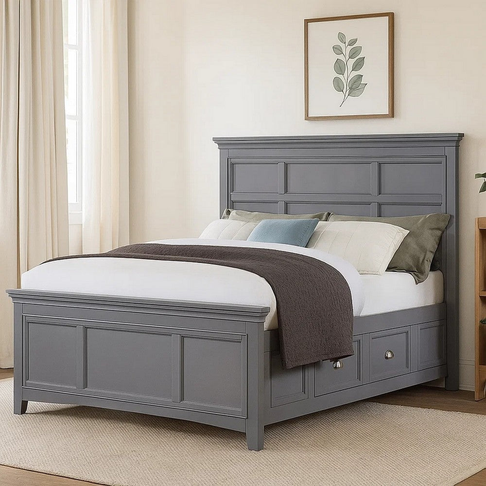 Lile Full Bed w Crown Moulding | Storage Drawers | Gray Solid Wood