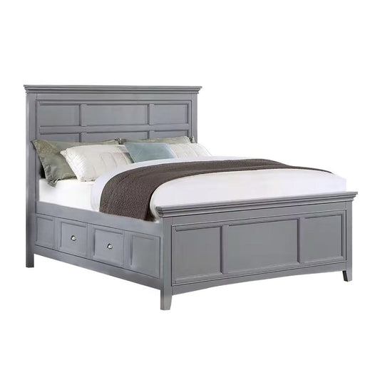 Lile Queen Bed w Crown Moulding | Storage Drawers | Gray Solid Wood