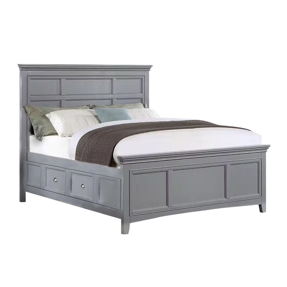Lile Queen Bed w Crown Moulding | Storage Drawers | Gray Solid Wood