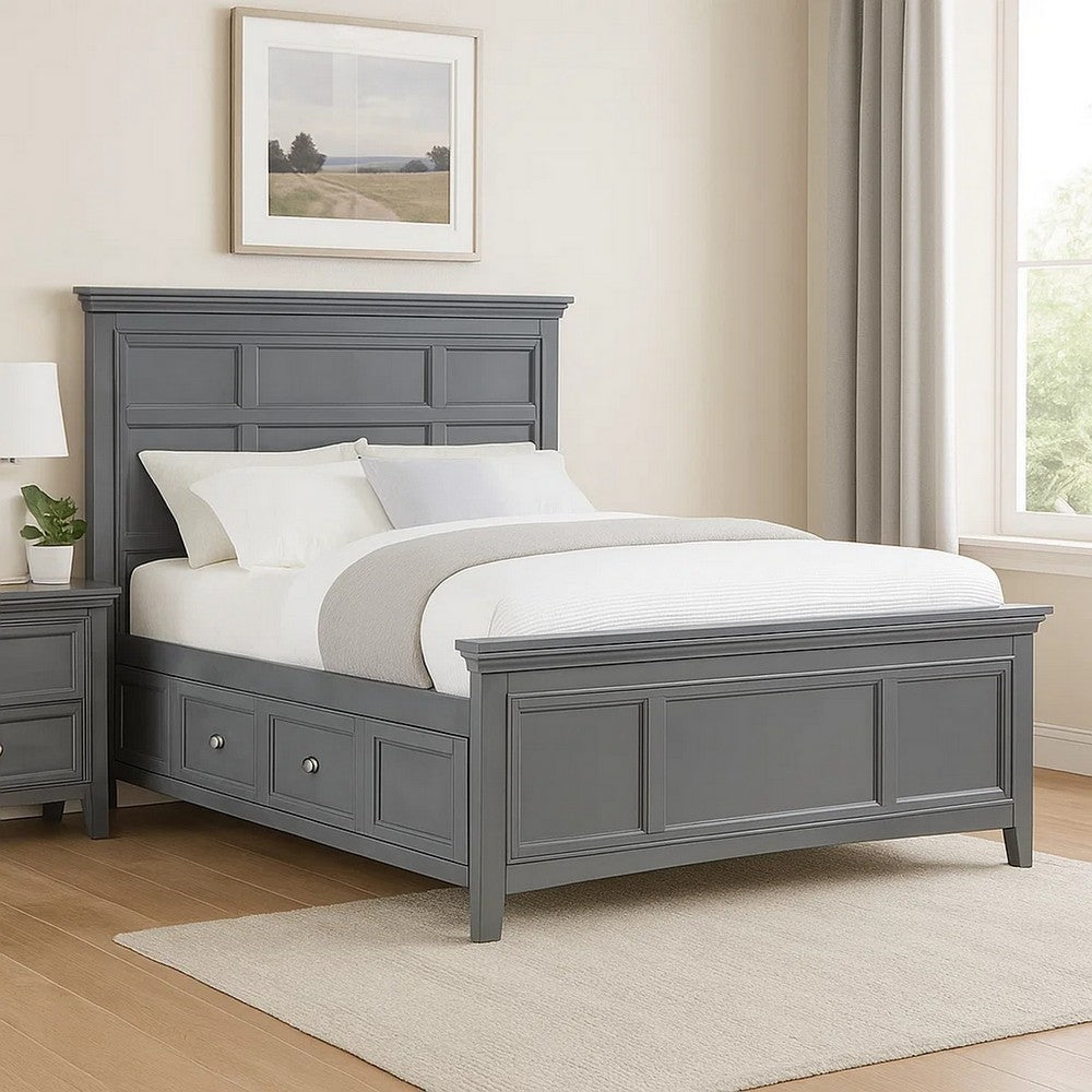 Lile Twin Bed w Crown Moulding | Storage Drawers | Gray Solid Wood
