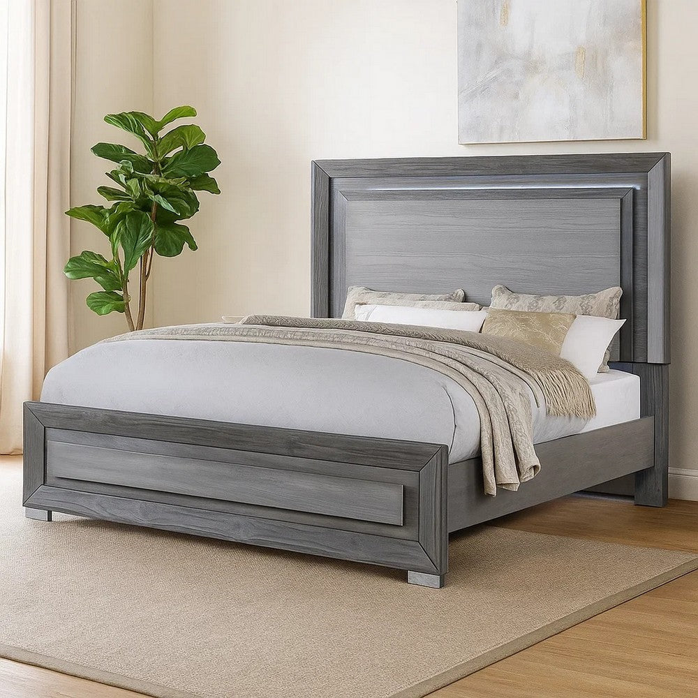 Reno California King Bed w LED Headboard & Metal Legs | Gray Wood BM342598