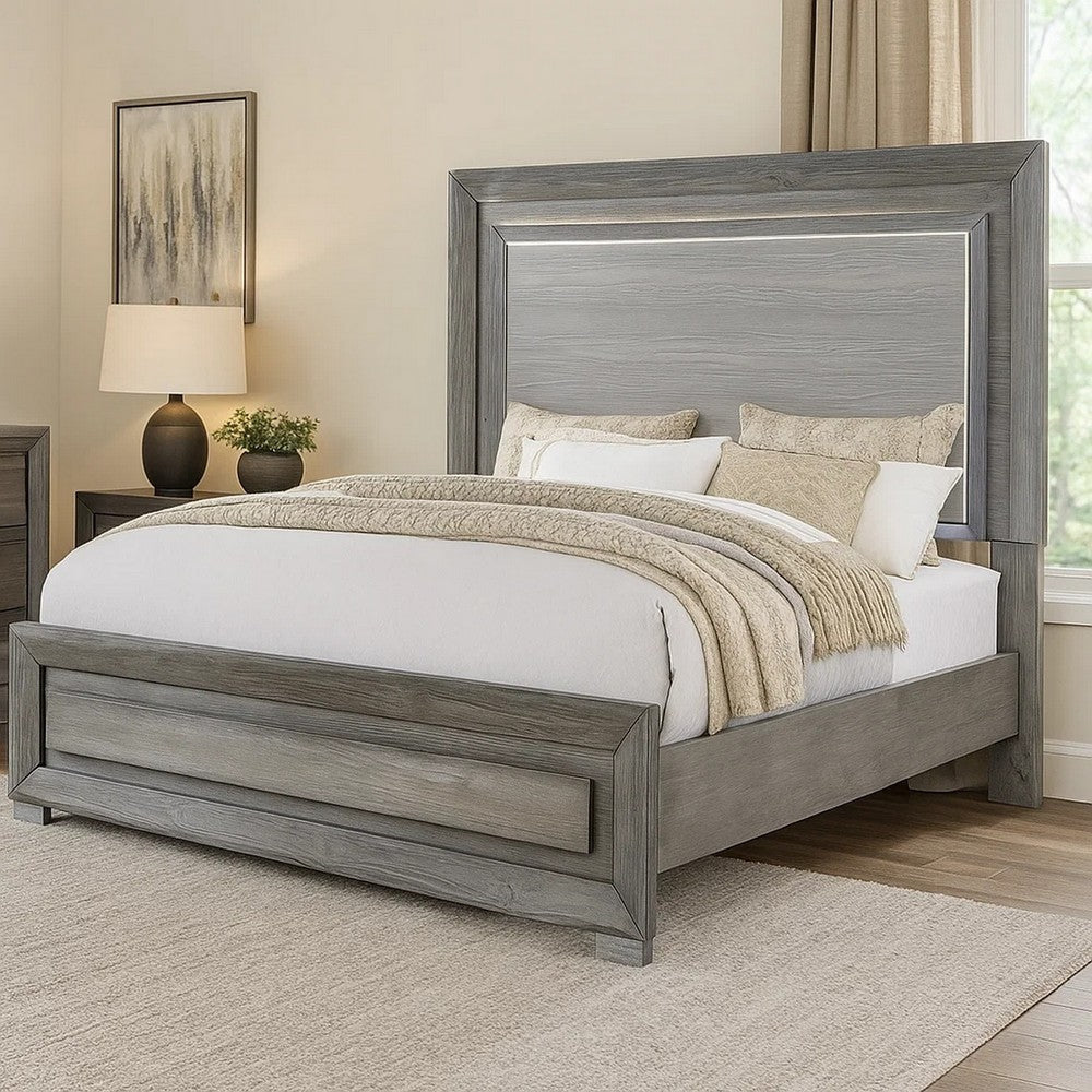 Reno Queen Bed w LED Headboard & Metal Bracket Legs | Gray Wood BM342600