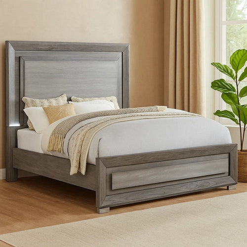 Reno Queen Bed w LED Headboard & Metal Bracket Legs | Gray Wood
