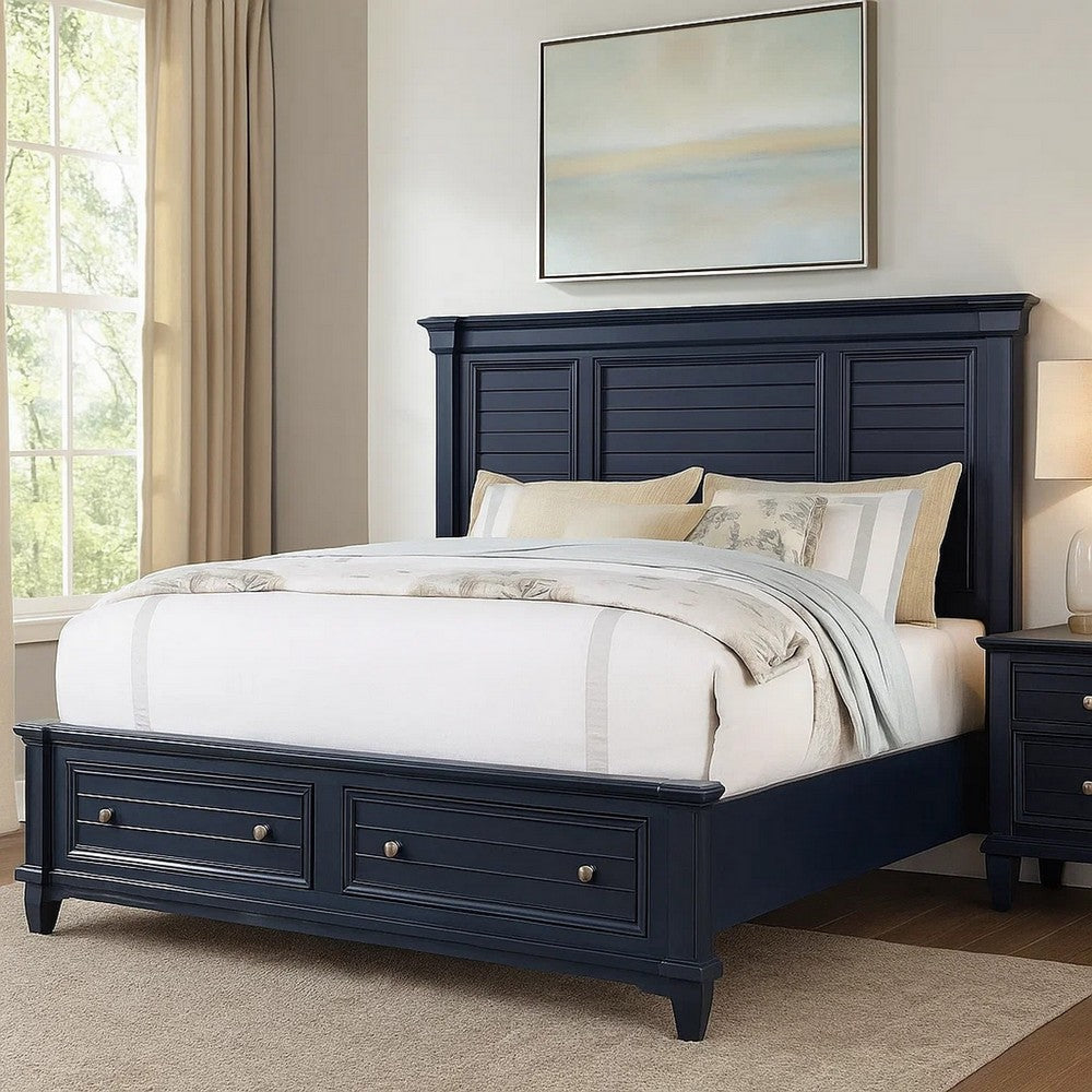 Zeny Queen Bed w Storage Drawers | Panel Headboard | Blue Wood