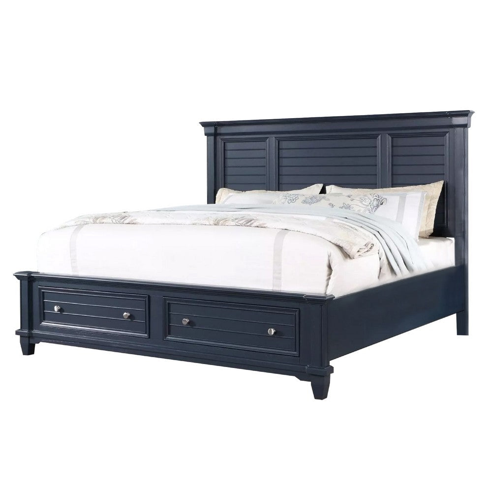Zeny Queen Bed w Storage Drawers | Panel Headboard | Blue Wood BM342601