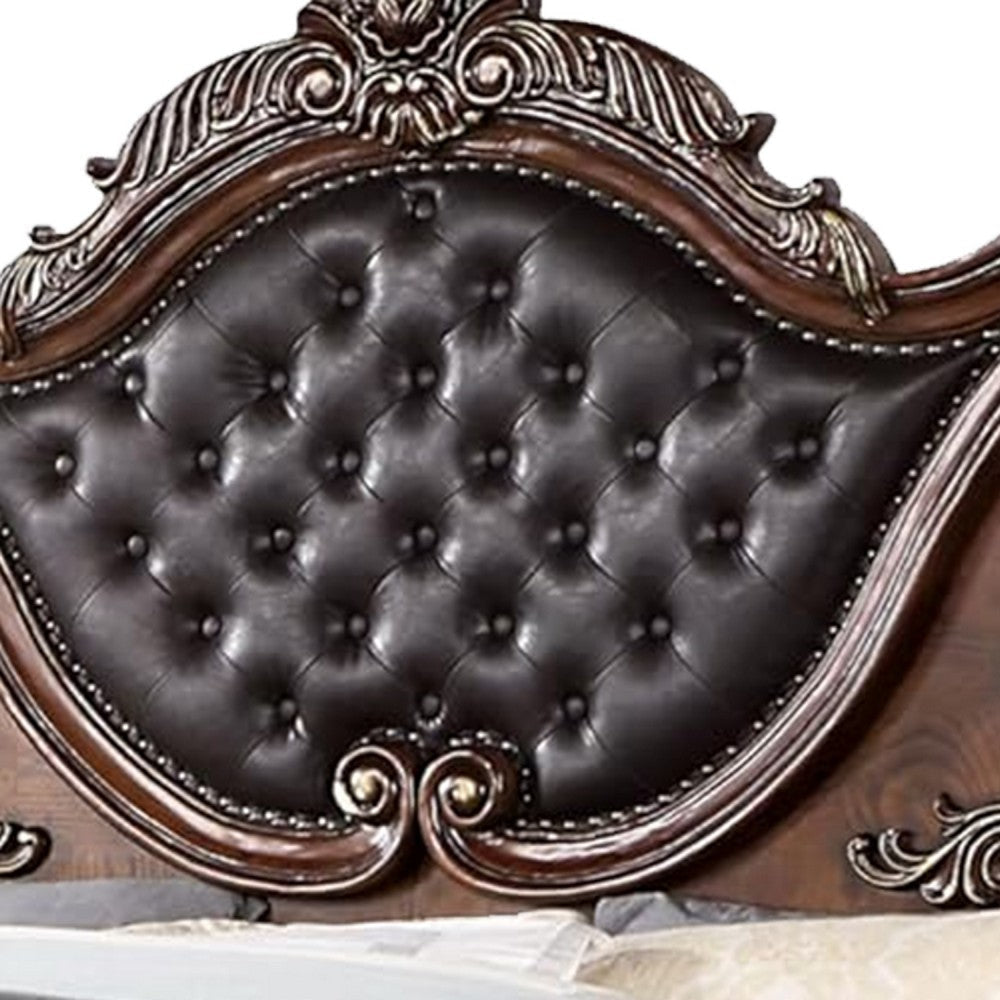 Prio King Bed w Carved Details | Brown Button Tufted Faux Leather Brown BM342602