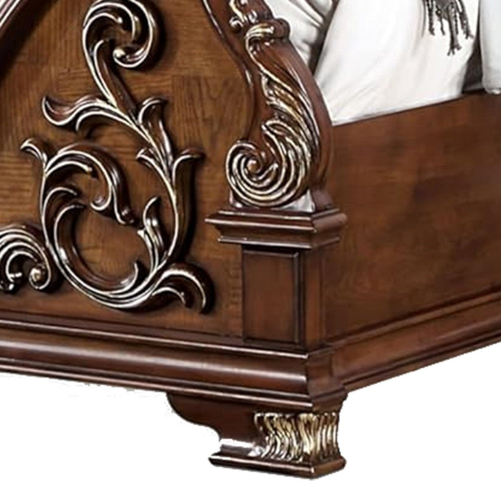 Prio King Bed w Carved Details | Brown Button Tufted Faux Leather Brown BM342602