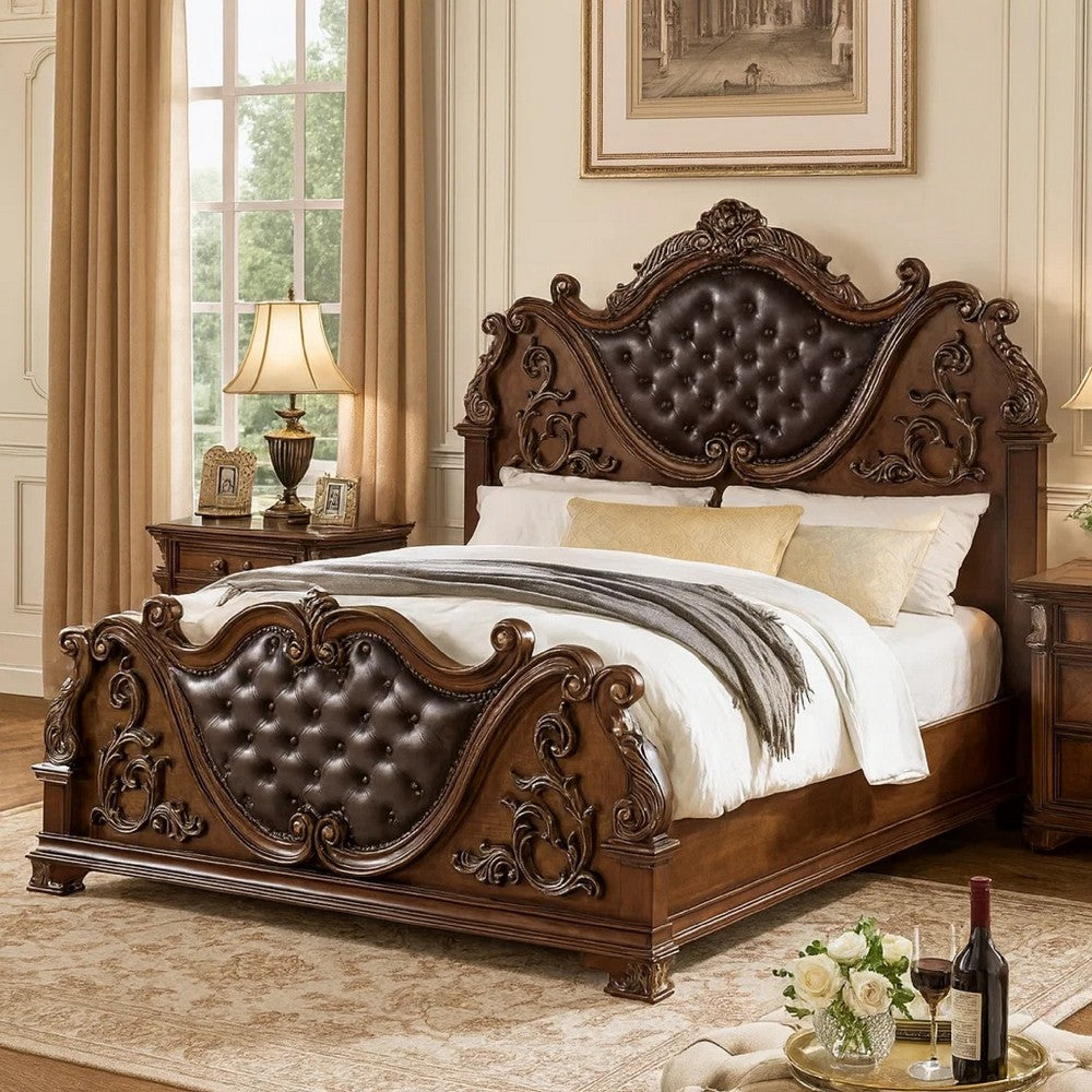 Prio King Bed w Carved Details | Brown Button Tufted Faux Leather, Brown