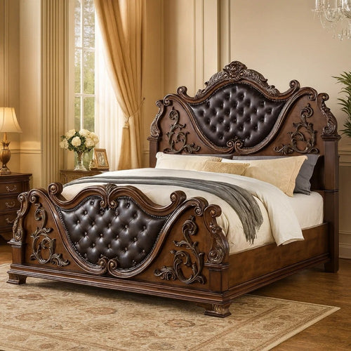 Prio King Bed w Carved Details | Brown Button Tufted Faux Leather, Brown