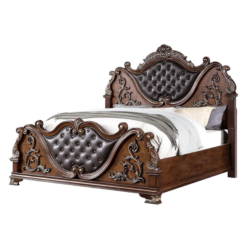 Prio King Bed w Carved Details | Brown Button Tufted Faux Leather, Brown