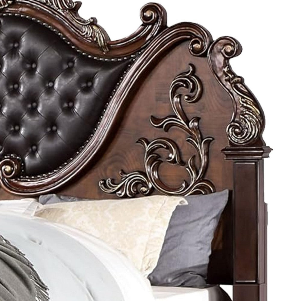 Prio Queen Bed w Carved Details | Brown Button Tufted Faux Leather BM342603