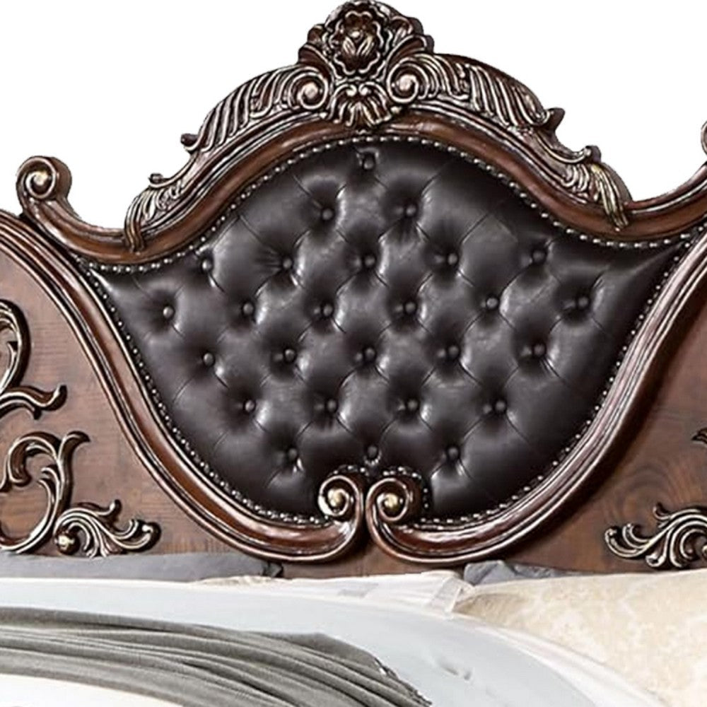 Prio Queen Bed w Carved Details | Brown Button Tufted Faux Leather BM342603