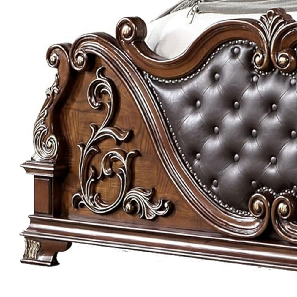 Prio Queen Bed w Carved Details | Brown Button Tufted Faux Leather BM342603