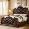 Prio Queen Bed w Carved Details | Brown Button Tufted Faux Leather BM342603