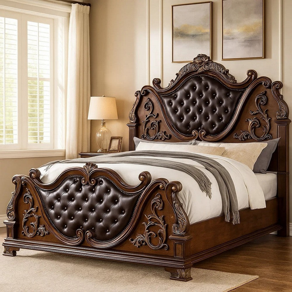 Prio Queen Bed w Carved Details | Brown Button Tufted Faux Leather BM342603