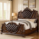 Prio Queen Bed w Carved Details | Brown Button Tufted Faux Leather BM342603