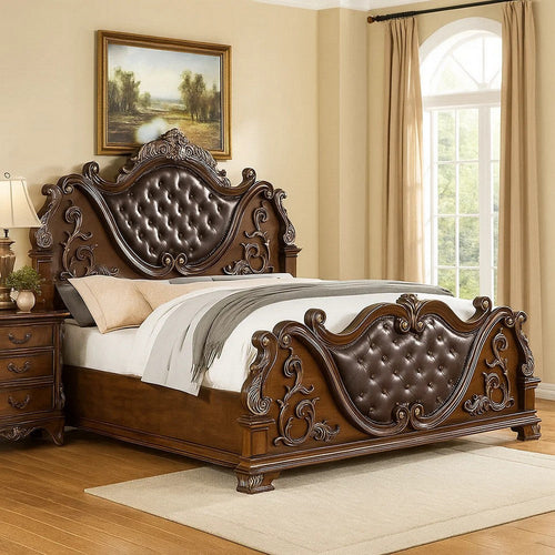 Prio Queen Bed w Carved Details | Brown Button Tufted Faux Leather