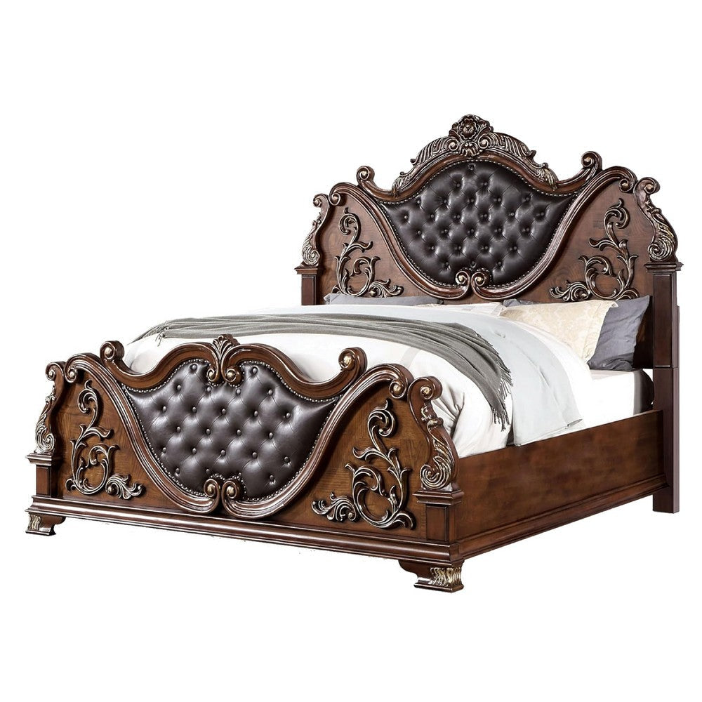 Prio Queen Bed w Carved Details | Brown Button Tufted Faux Leather BM342603