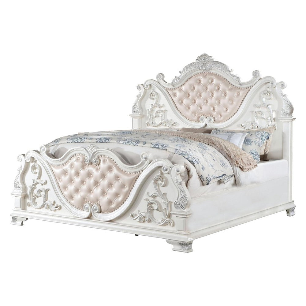 Prio King Bed w Carved Details | White Button Tufted Faux Leather