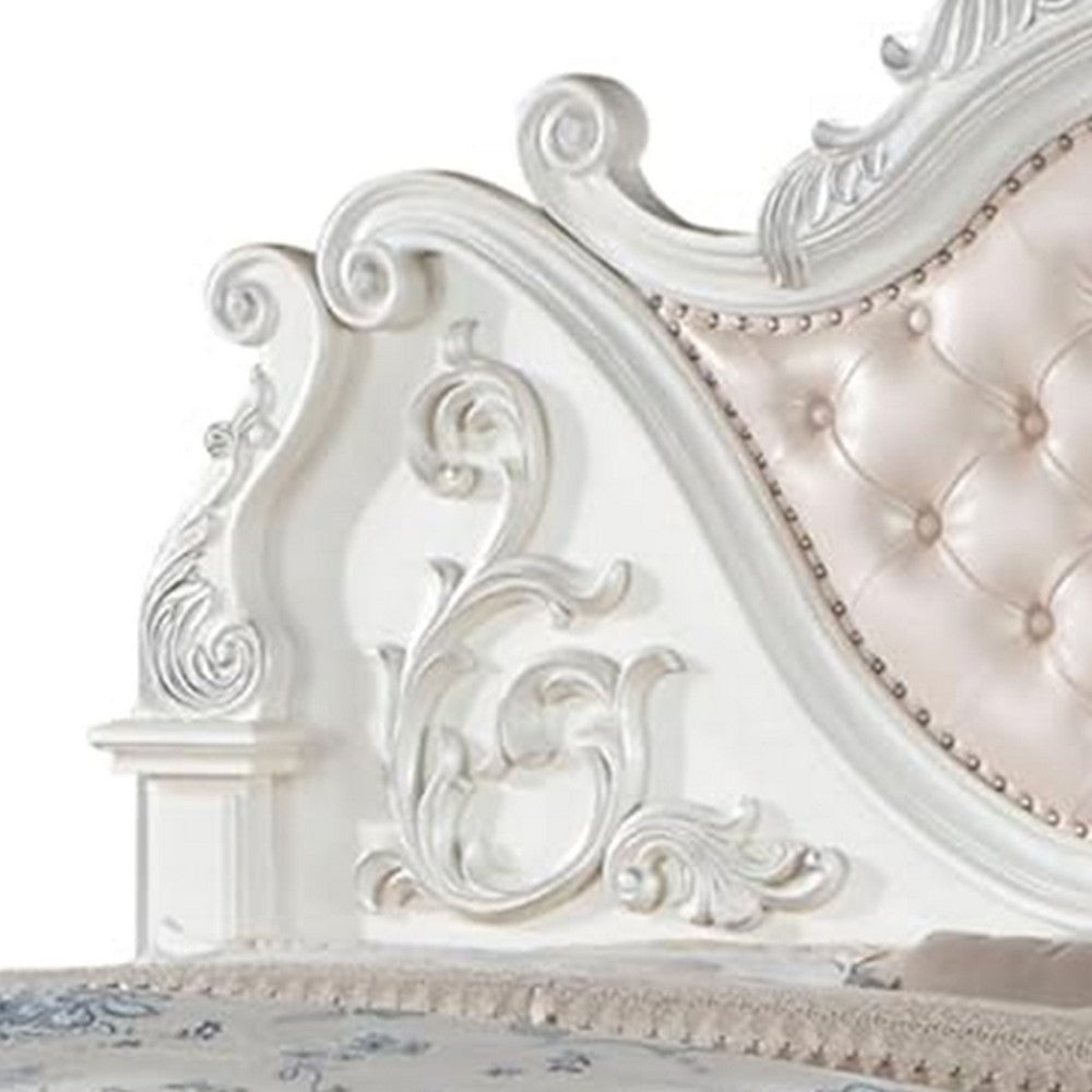 Prio King Bed w Carved Details | White Button Tufted Faux Leather BM342604