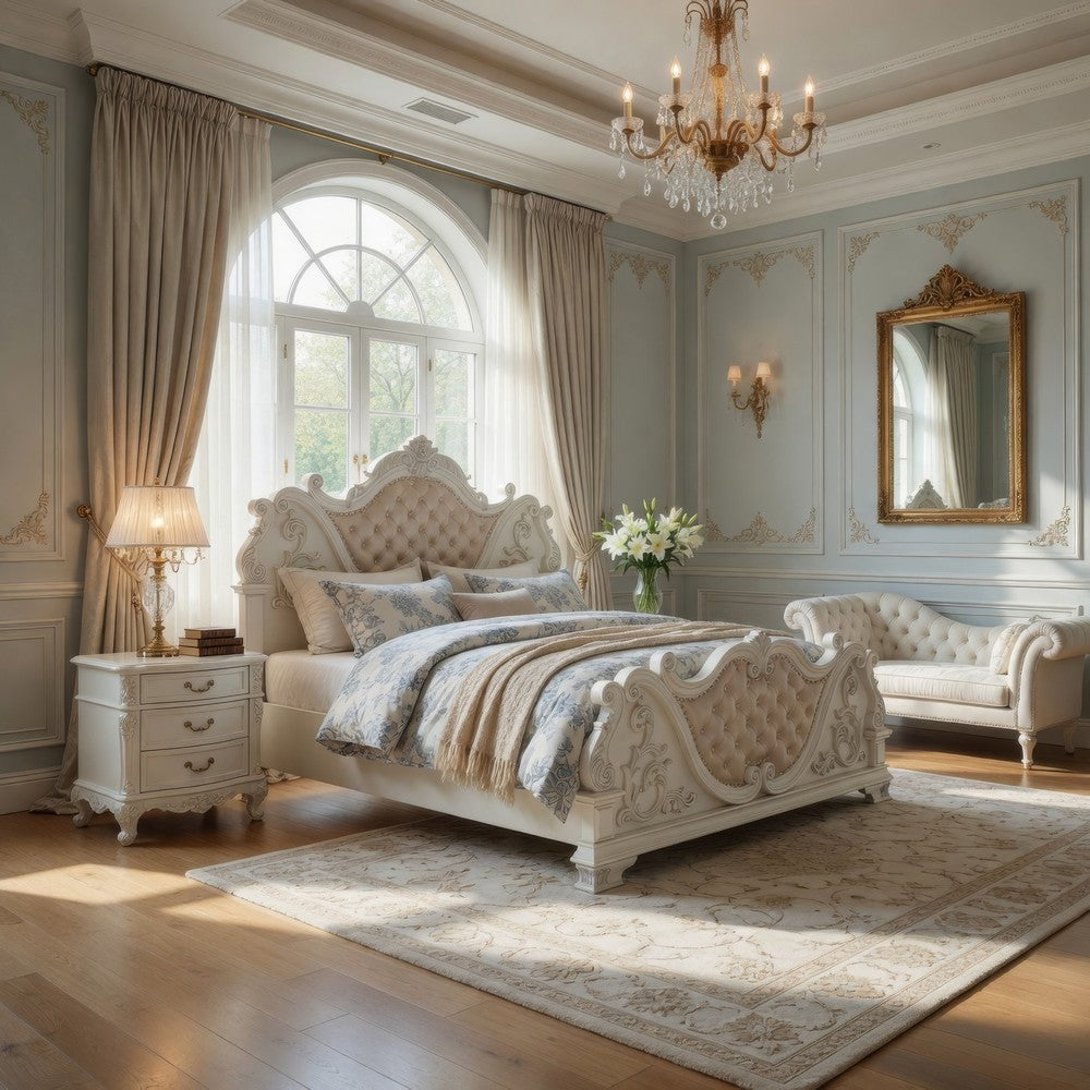 Prio King Bed w Carved Details | White Button Tufted Faux Leather