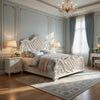Prio King Bed w Carved Details | White Button Tufted Faux Leather