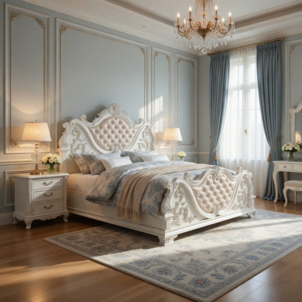 Prio King Bed w Carved Details | White Button Tufted Faux Leather