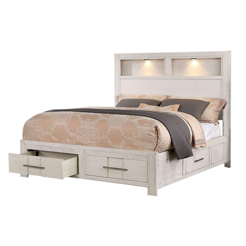 Mimy Queen Bed w Bookcase Headboard | Footboard Storage | White Wood