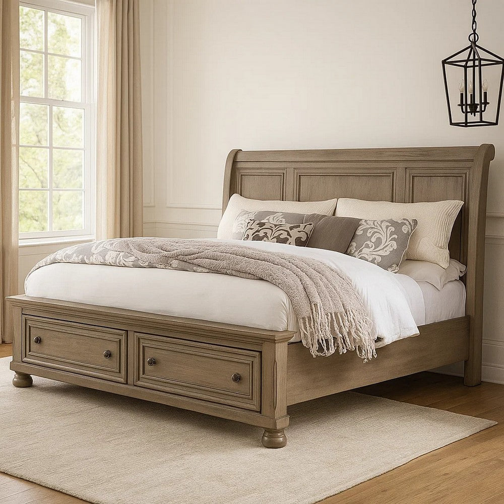 Ava King Bed w Footboard Storage & Bun Feet | Gray Solid Wood BM342606