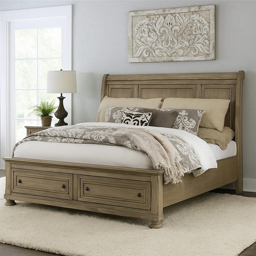 Ava Queen Bed w Footboard Storage & Bun Feet | Gray Solid Wood