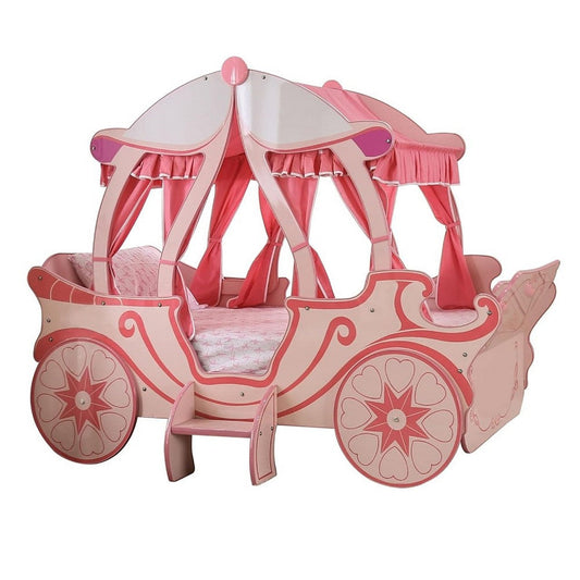 Arine Kids Twin Bed in Pumpkin Carriage Design | High Gloss Pink Wood