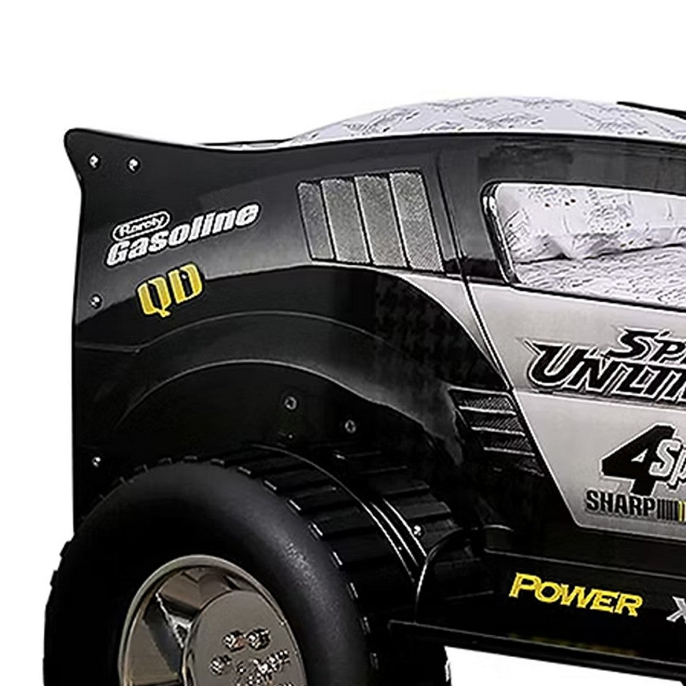 Jacky Kids Twin Bed w Off-Road Car Design | LED Headlights | Black Wood