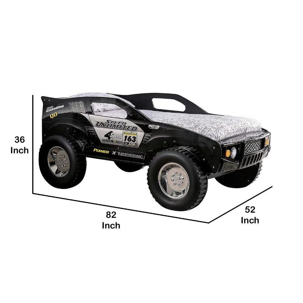 Jacky Kids Twin Bed w Off-Road Car Design | LED Headlights | Black Wood