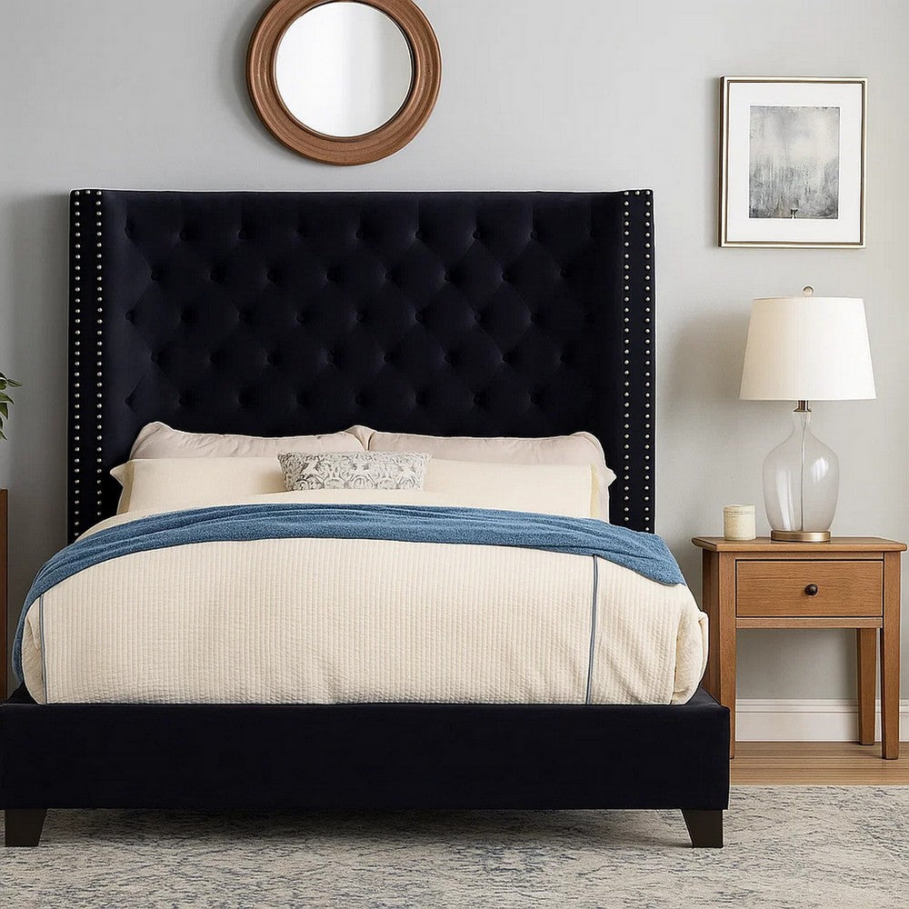 Rozy Queen Bed w Wingback Headboard | Nailhead Trim | Black Upholstery BM342612