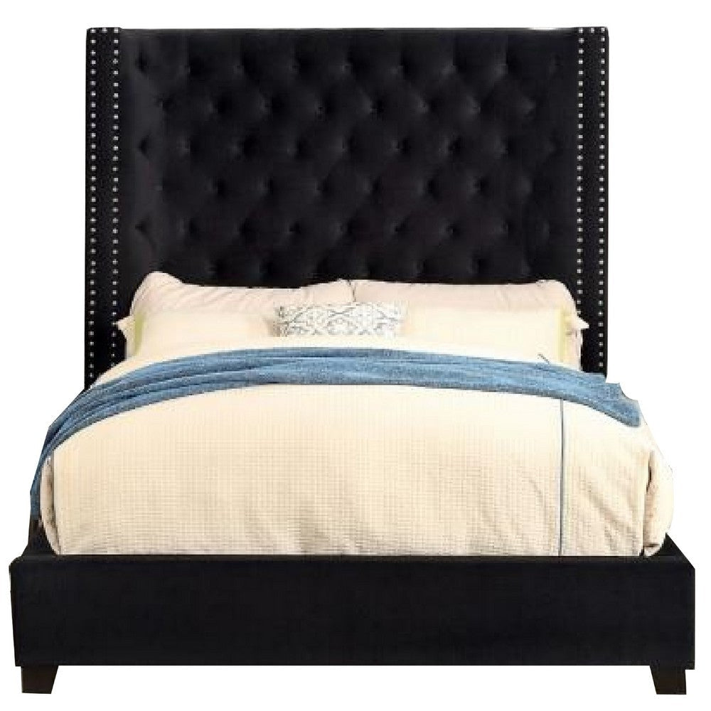 Rozy Queen Bed w Wingback Headboard | Nailhead Trim | Black Upholstery BM342612