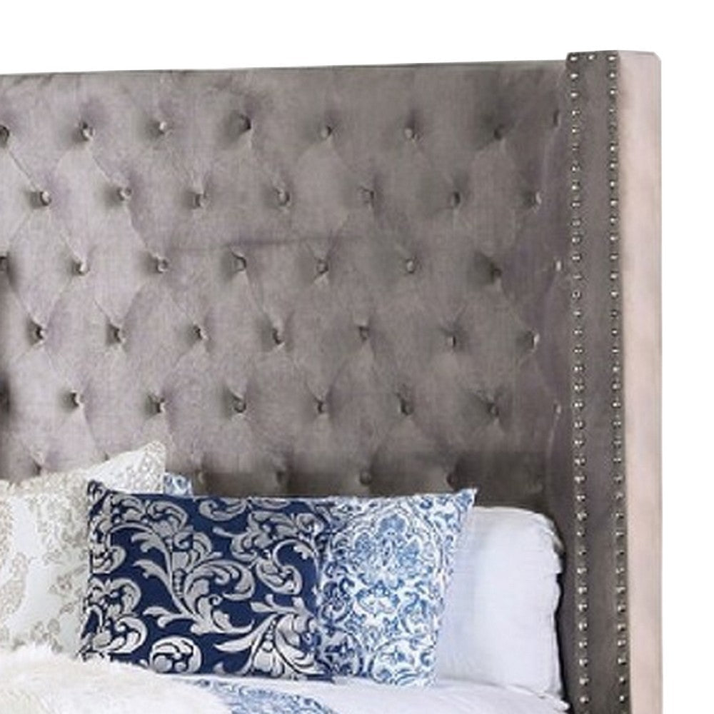 Rozy Queen Bed w Wingback Headboard | Nailhead Trim | Gray Upholstery BM342613