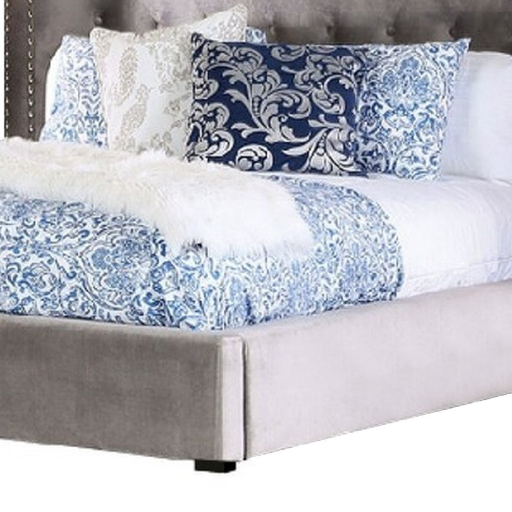 Rozy Queen Bed w Wingback Headboard | Nailhead Trim | Gray Upholstery BM342613