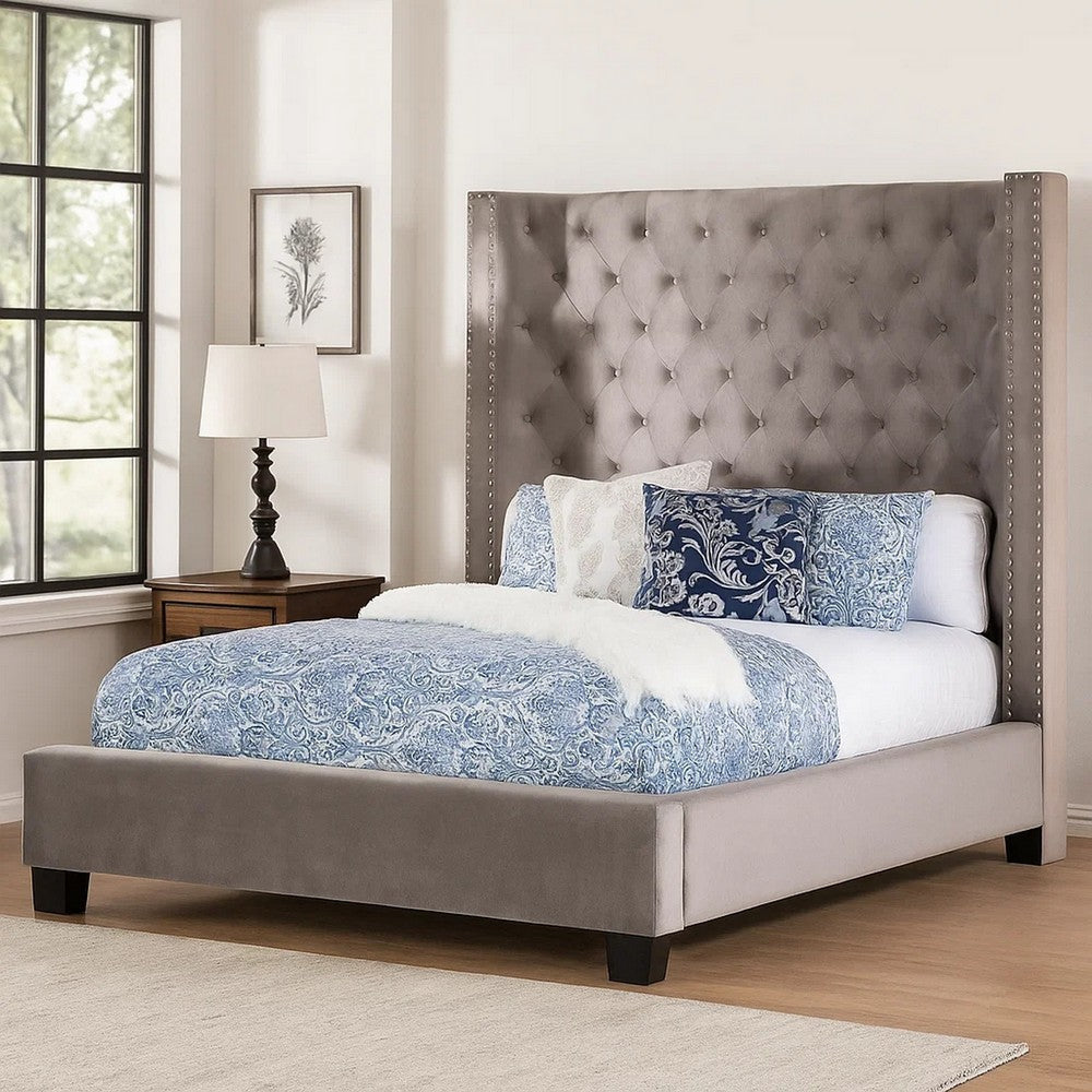 Rozy Queen Bed w Wingback Headboard | Nailhead Trim | Gray Upholstery BM342613