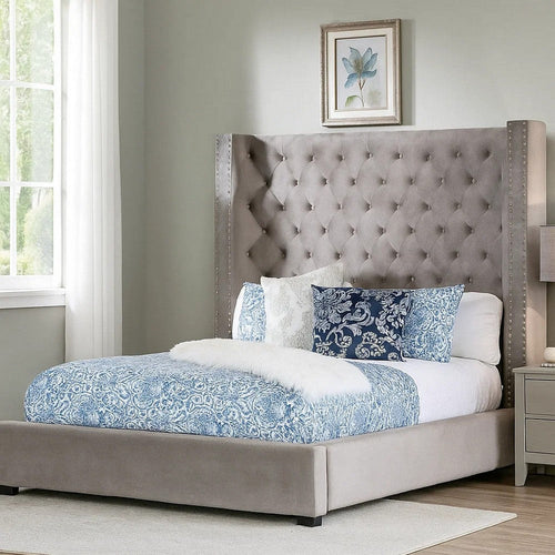 Rozy Queen Bed w Wingback Headboard | Nailhead Trim | Gray Upholstery